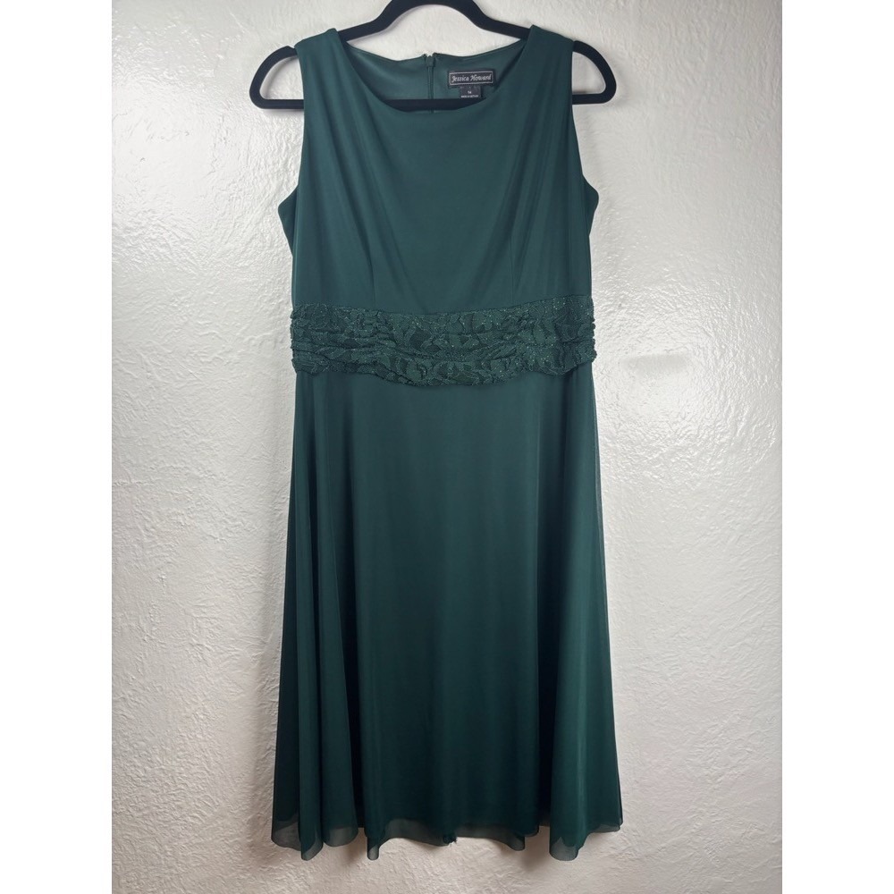 Women's Size 14‎ Hunter Green Sleeveless Lace Waist Midi Dress Wedding Guest